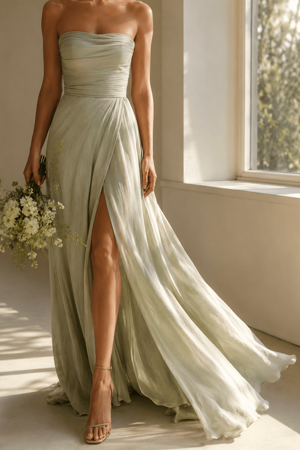 A sage chiffon gown held with a white bouquet in bright garden light