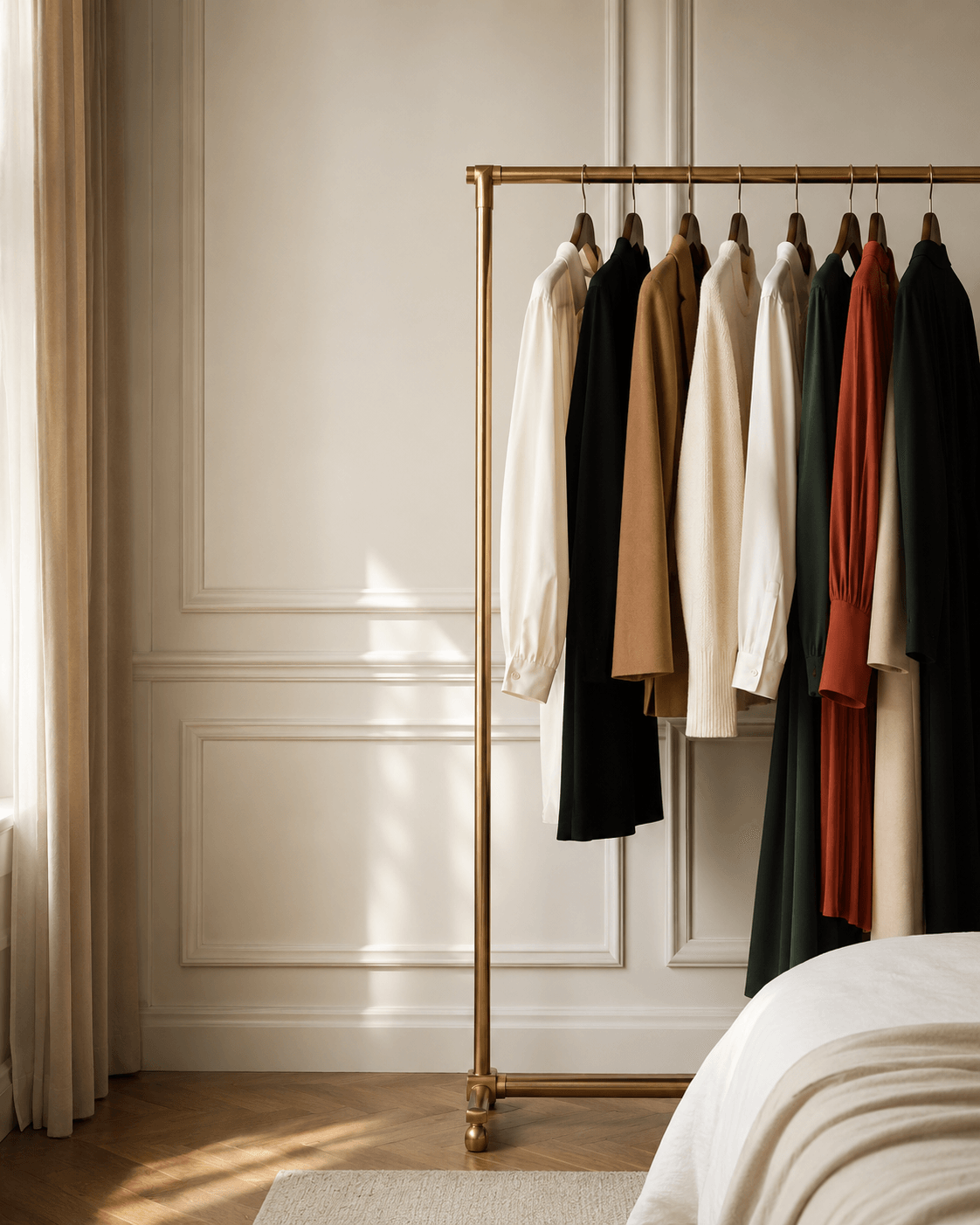 A brass clothing rack of earth-toned pieces in a sunlit bedroom