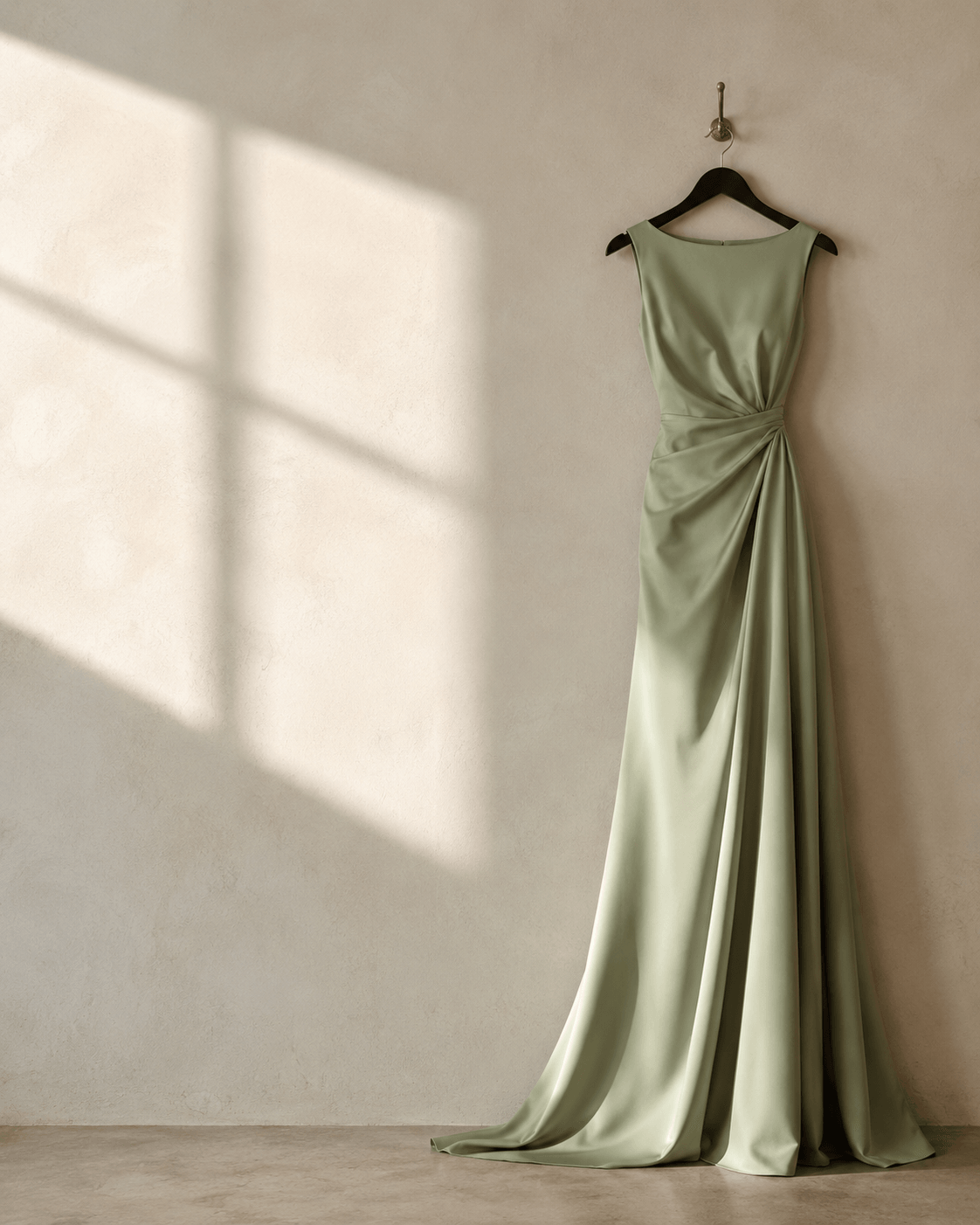 A dress on a paneled wall in warm afternoon light